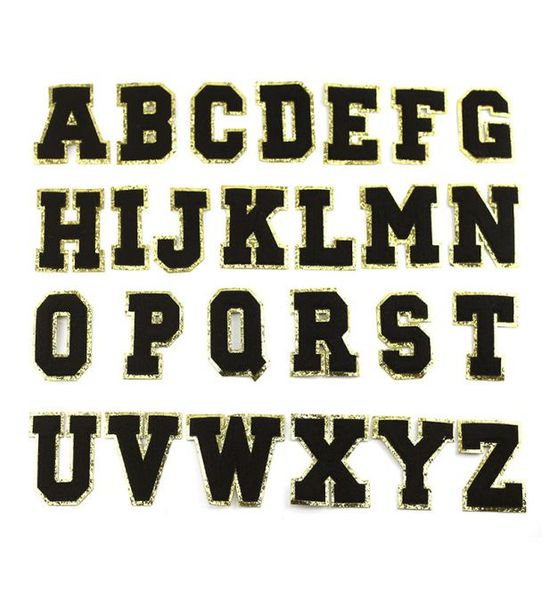 Schwarze Buchstaben mit goldenem Glitzer Chenille Stoff Patches Handtuch Stickbogen Rainbow Gritt Alphabet Eisen auf Aufkleber Name Kleidung DIY 8391851