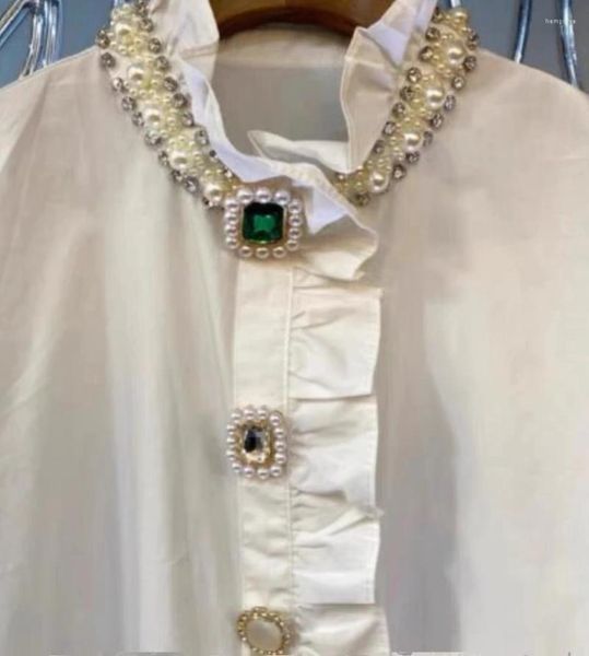 Женские блузки 2024, весенне-осенняя модная черно-белая блузка для женщин, роскошная нижняя рубашка с воротником из бус и бриллиантов, свободный верх большого размера 6XL