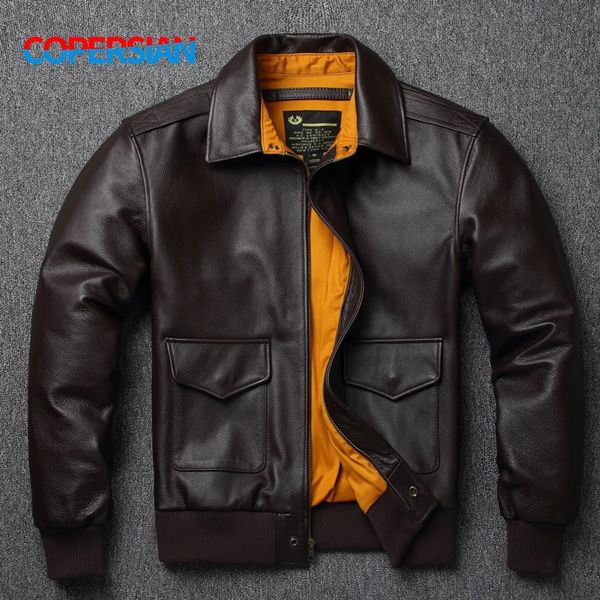 Camada superior masculina jaqueta de couro genuíno militar piloto jaquetas força aérea vôo a2 jaqueta marrom escuro casaco oversize 231221