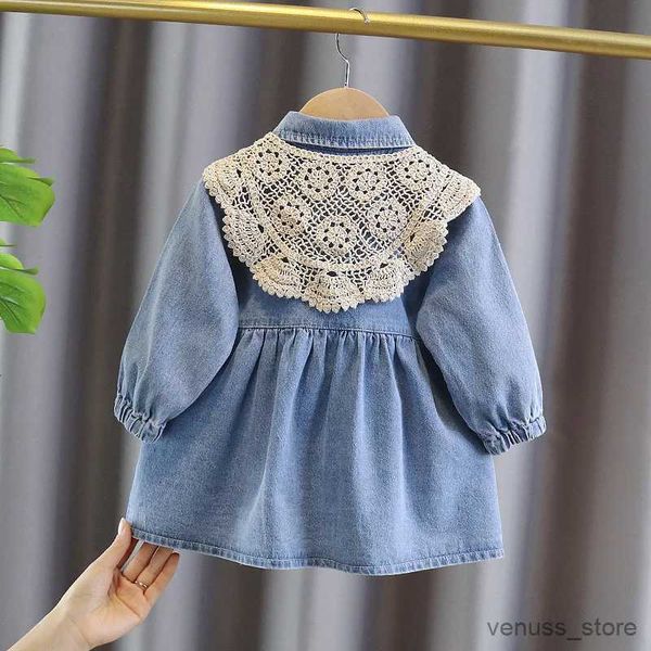 Mädchenkleider Herbst-Baby-Mädchen Kleid Langarm-Turnhalter mit Spitze lässige Kinder A-Line-Ein-Brauen-Hemdkleider