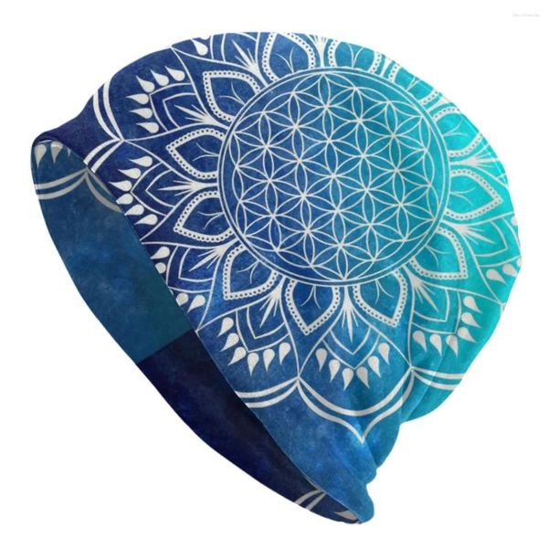 Berets Flor da Vida Mandala Azul Skullies Beanies Caps Moda Inverno Quente Homens Mulheres Chapéu de Malha Adulto Unisex Lótus Bonnet Chapéus