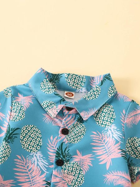 Conjuntos de roupas Adorável Coco Tree Imprimir Hawaiian Set para Criança Meninos - Manga Curta Lapela Botão Down Camisa Top e Shorts Casuais