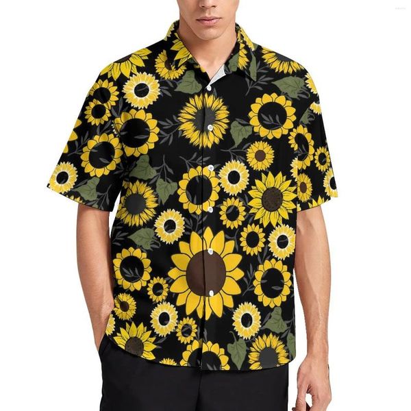 Camisas casuais masculinas estampas de girassol blusas mensagens roxas sociais sociais havaianas de manga curta de presente de bote