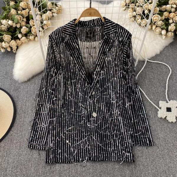 Giacche da donna Camicia ampia con collo polo in nappa monopetto manica lunga estiva Versatile giacca cardigan con paillettes per l'industria pesante