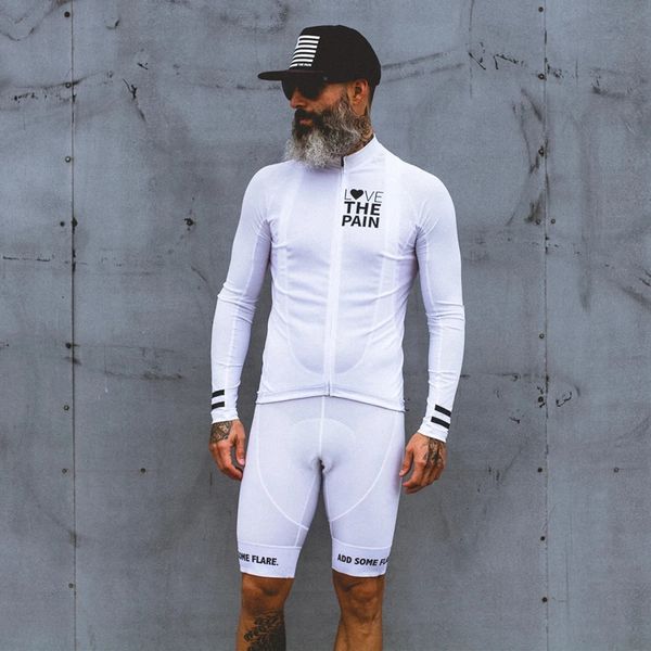 Acıyı seviyorum Beyaz Bisiklet Jersey Suit ABD Ciclismo Takım Giyim Erkek Gömlek Uzun Kollu Ön Bib Şort Yol Bisiklet Tri Takım MTB 231220