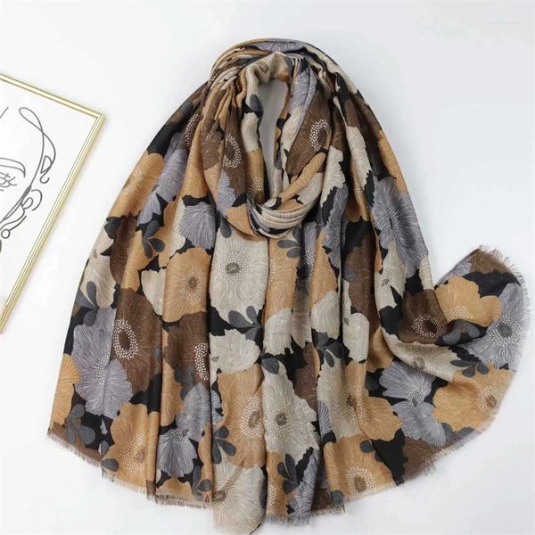 Lenços inverno viscose mulheres luxo ombre pétala floral franja xales e envoltórios pashmina roubou bufandas muçulmano sjaal 180 90cm