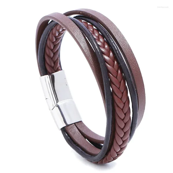 Bracciale rigido classico in vera pelle da uomo, gioielli con ciondolo a mano, intrecciato a mano, multistrato, con fibbia magnetica in acciaio, regalo per ragazzi fantastici