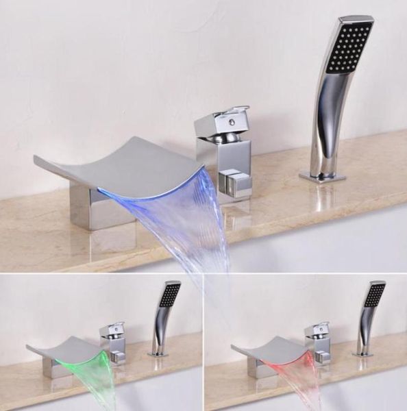 Rubinetto per vasca da bagno a cascata a LED con montaggio su ponte con doccia a telefono, vasca romana a 3 fori con valvola e set di finiture, set da bagno7557964