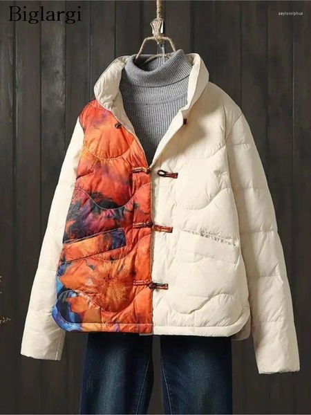 Mulheres Trench Coats Oversized Inverno Algodão Casaco Mulheres Floral Impressão Moda Estilo Chinês Senhoras Jaquetas Manga Longa Casual Mulher Solta