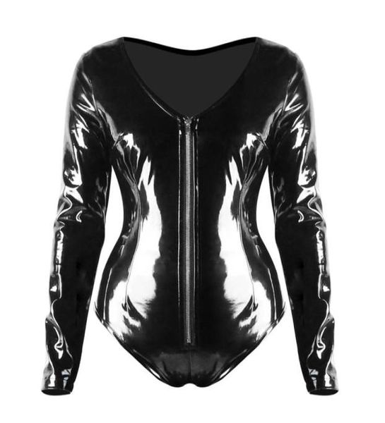 Manga longa gótico profundo vneck catsuit pvc brilhante collant bodysuit zíper macacão pólo dança stripper wear4420454