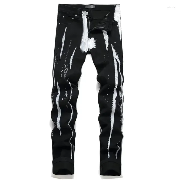 Jeans da uomo di marca Diamond Skinny vernice bianca motivo a strisce nero slim stretch piedini moda streetwear maschile