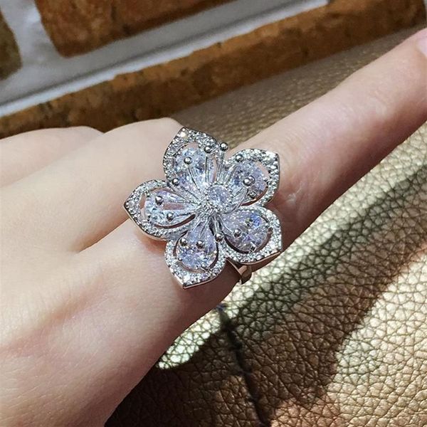 Hochzeit Ringe Blume Form Big CZ Zirkon Bling Luxus Silber Für Frauen Braut Verlobung Band Versprechen Stein Weibliche Schmuck260s