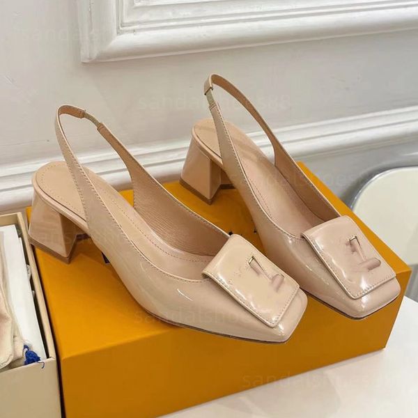 Designer-Sandalen, Slingback-Absätze, Damenschuhe, Blockabsatz, Slingback-Pumps, Sandalen, quadratische Zehenpartie, Kitten-Heels-Pumps, Lackleder, Schwarz, Weiß, Beige, Damen-Kleiderschuh