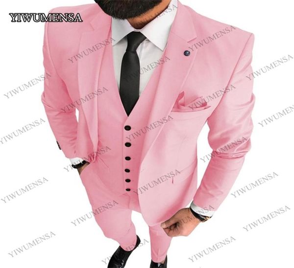 Homens personalizados rosa vestidos de noivo Tuxedos Black Lapel Groomsman Ternos de casamento Terno comercial 3 peças JACETPANTSVEST Y201028613221