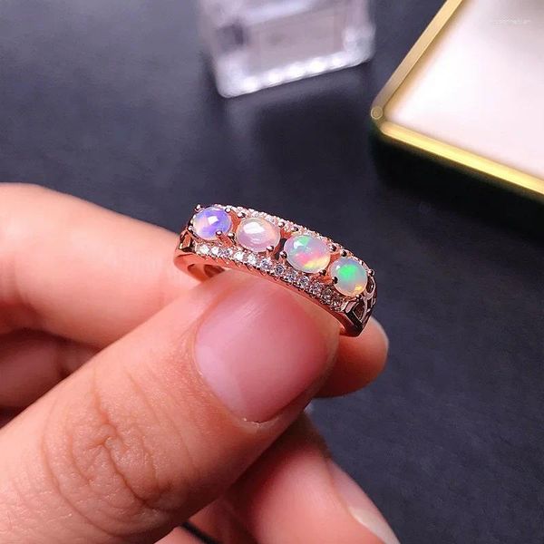 Cluster-Ringe 4 Stück echter 5 7 mm natürlicher ovaler Opal-Ring Sterlingsilber S925 Feiner Schmuck Geschenk für Frau Platin / Roségold plattiert