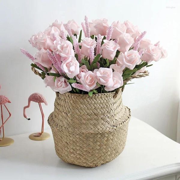 Flores decorativas 45cm buquê de rosas de lavanda artificial com decoração de borracha pe para casa e acessórios de casamento