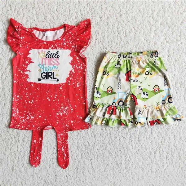 Set di abbigliamento Abbigliamento estivo per bambini Manica corta rossa Tie Dye Little Miss Farm Girl Camicia Pantaloncini con volant Set Bambino All'ingrosso alla moda