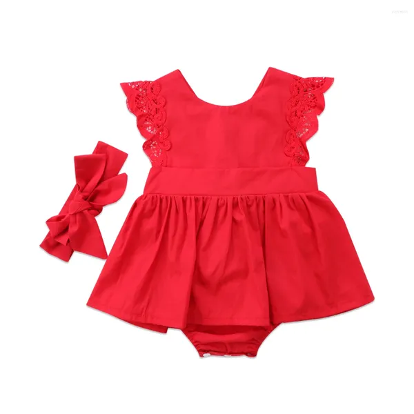 Комбинезоны CitgeeSummer, 2 шт., милый комбинезон с красным цветком для новорожденных девочек, платье-пачка, комбинезон, комплект с повязкой на голову, одежда для детей 0-24 месяцев