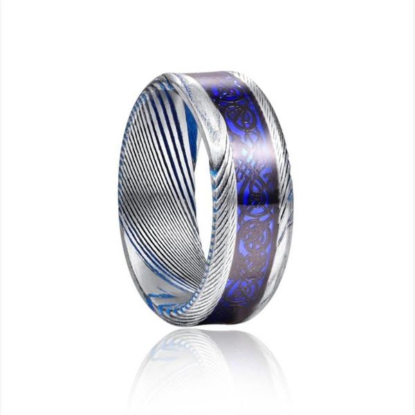 Jqueen 8mm acciaio di Damasco intarsiato modello drago blu opale fondo carta tungsteno anello fedi nuziali225W