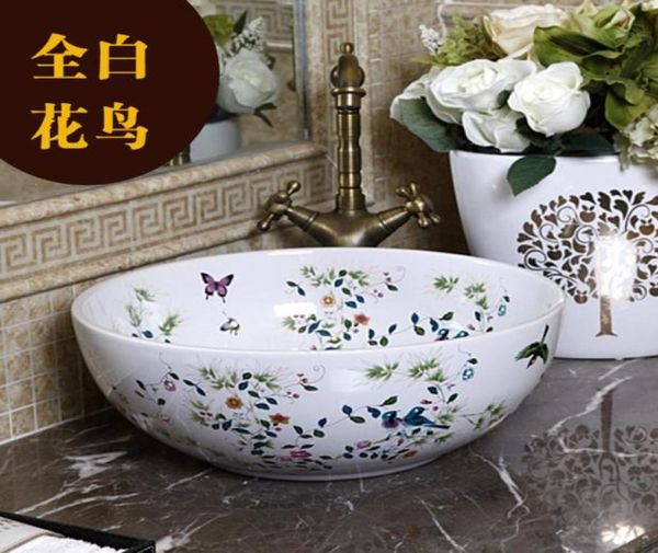 Porcellana Cina Pittura classica Arte UccelliFiori Bianco lavabo da appoggio in ceramica Lavabo in ceramica jingdezhen5795820