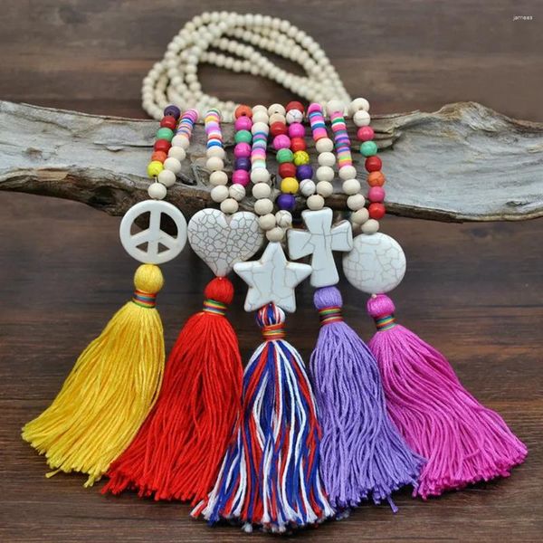 Colares pendentes de miçangas de madeira étnica Bohemian Declaração Chain Tassel Nature Stone Stone Long Boho Star Heart Colar para mulheres