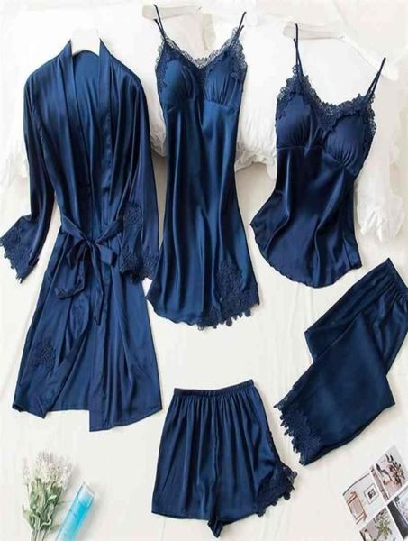 Blue Seidenpyjamas Sommer Herbst Spring 5 Stück Set Elegante Frauen Pyjama Top Elastic Taille Hosen Lounge Nachtwäsche Homewear 2108314417891