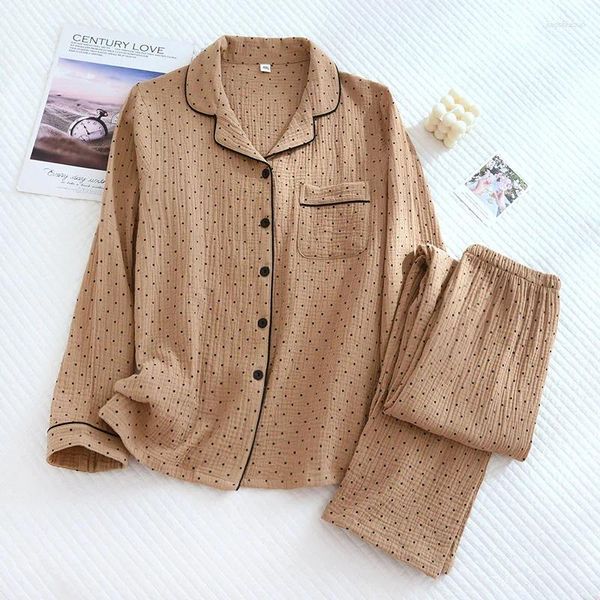 Pijãs para dormir feminino Primavera/verão Manga longa Cardigã de algodão Cardigan Tousers Suit de pijama casual feminino