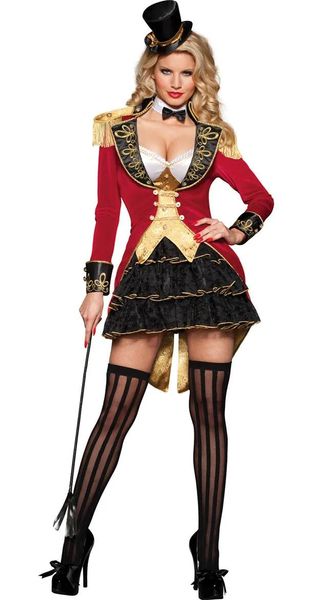 Conjunto Halloween Mulheres Deluxe Sexy Ringmaster Lion Tamer Traje Treinador de Circo Feminino Mágico Cosplay Festa Fantasia Vestido C18111