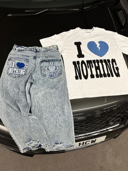 Y2K Jeans Hiphop Schedel Grafisch Borduren Gewassen Retro Blauw Losse Jeans Mannen Harajuku Gothic Wijde Broek Street Wear 231220