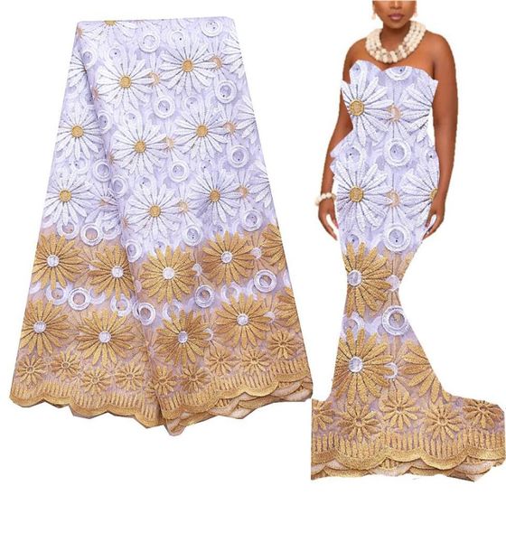 Weißer Spitzenstoff 5 Yards besticktes Schweizer Netzmaterial Gold Französisch Schnürsenkel Fabrics Luxus für afrikanische Hochzeitskleid 20226885363