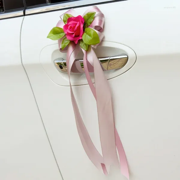 Decoração de festa 6 pçs/set casamento carro flor fita espelho retrovisor maçaneta flores ornamento adorno