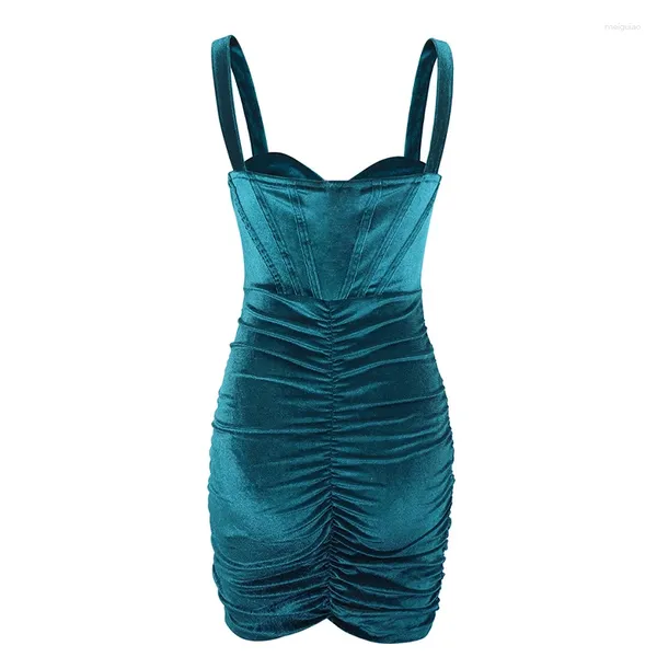 Sıradan Elbiseler Kadın Velvet Cami Elbise Spagetti Strap Party Club Bodycon Mini Twist Yeşil Seksi İnce Slip Pleated Sarılı Kalça Etek