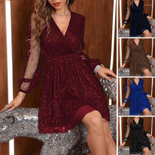 Casual Dresses Hohe Taille Kleid Pailletten Patchwork A-Linie Party Prom mit V-Ausschnitt für Frauen Glänzende Dreiviertelärmel Knie