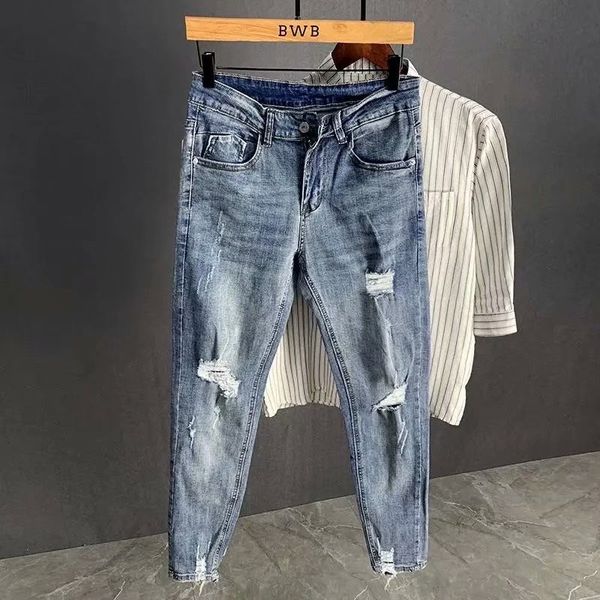 Erkek kot pantolon yüksek kaliteli marka deliği yaması ince skinny jean vaqueros hombre jean erkekler için açık mavi yıkanmış çıkartmalar hip hop pantolon erkekler jean 220831