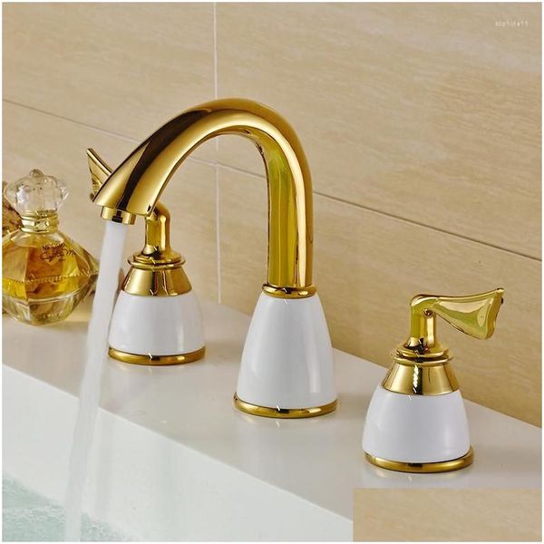 Banyo lavabo muslukları banyo lavabo musluklar havza cilalı altın pirinç yapımı modern musluk çift sap 3 delikli banyo sayacı musluklar dhchw
