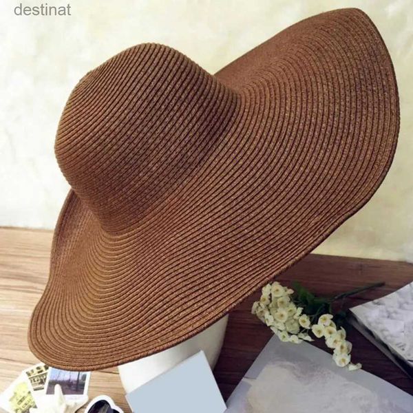 Chapéus de balde largura Chapéus de balde Moda Hawaii Summer Summer Beach Black Straw Hat cor Solid Women Women Brim Travel Casual Casual para Outdoorl231221