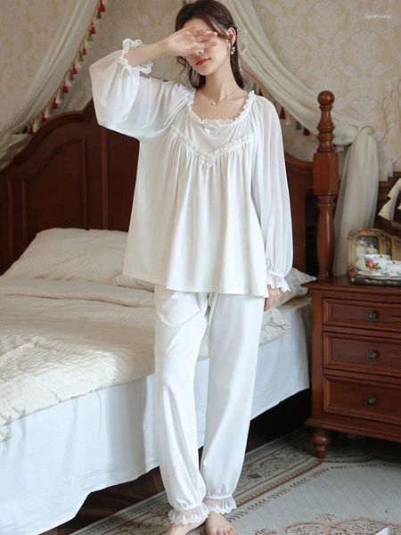 Mulheres de sono feminino Bruflo de pijamas de manga comprida Cotton Cotton Cotton French Soly Home Spring Autumn Princess Loungewear