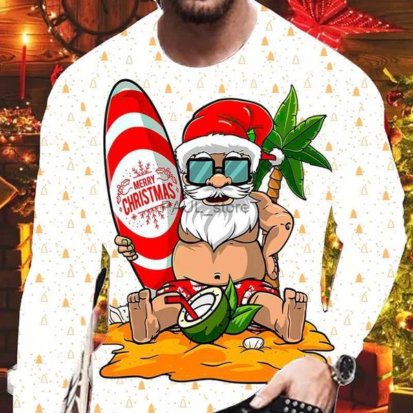 T-shirt maschile 2023 Maglietta a maniche lunghe in stile hawaiano di Natale Maglietta a manica a maniche lunghe casual a maniche lunghe di Santa Beach Men abbigliamento 2404