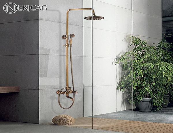 Nekjcag material de bronze antigo conjunto torneira do chuveiro do banheiro dupla alça com prateleira misturador água fria chuvas cabeça sets7552637