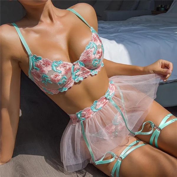 Set rosa Rose BH-Sets Mädchen Sexy Dessous Seethrough Mesh Mode Nachtwäsche transparente Unterwäsche Gstring Pyjamas sexy erotische Pornos