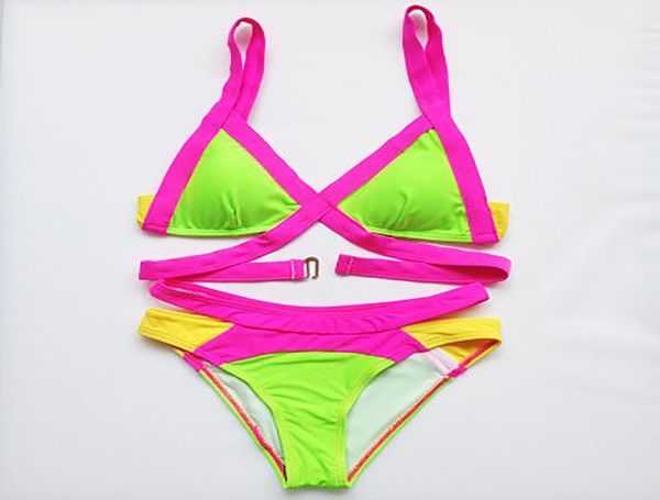 NEON Bandage Bikini Conjunto de retalhos coloridos Sexy Swimsuit Woman Triangle Swimwear Women Push Up Bikinis 2018 Mujer Bathing Suit Y192535011