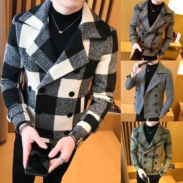 Jaquetas masculinas 2023 outono inverno homens curto casaco de lã dupla breasted design casual blusão moda retro tartan jaqueta 5xl