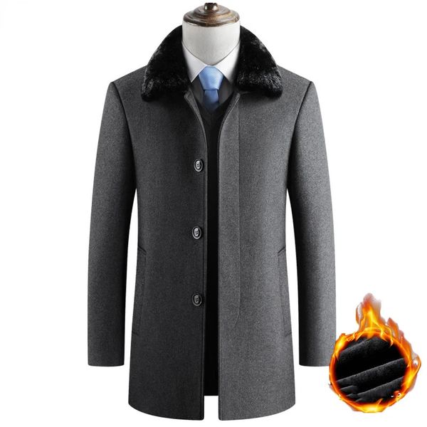 Inverno masculino engrossado lã trench coat gola de pele falsa casaco de ervilha de lã fino ajuste único breasted casaco de caxemira 231220