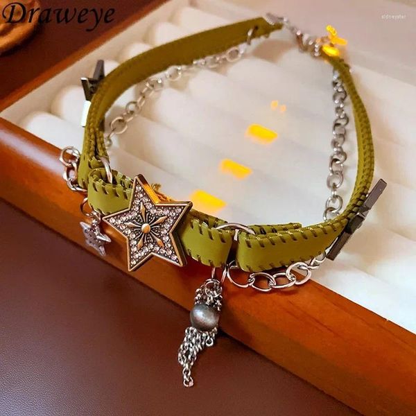 Choker Draweye Y2k Sterne Quasten Halsketten Für Frauen PU Vintage Koreanische Mode Hiphop Collares Para Mujer Grün Punk Stil Schmuck