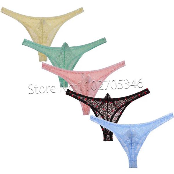 Herren bloße Spitze G-String T-Back Tanga Bikini Unterwäsche Rhombus Pouch Bikinis Hosen Low Taille Dessous Mesh atmable Tangas