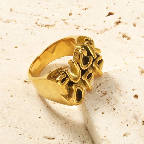 2023 Retro Gold Farbe Edelstahl Wasserdicht Schmuck Gothic Brief Ringe Für Frauen Männer Unisex Rock Geschenk Punk Zubehör 231220