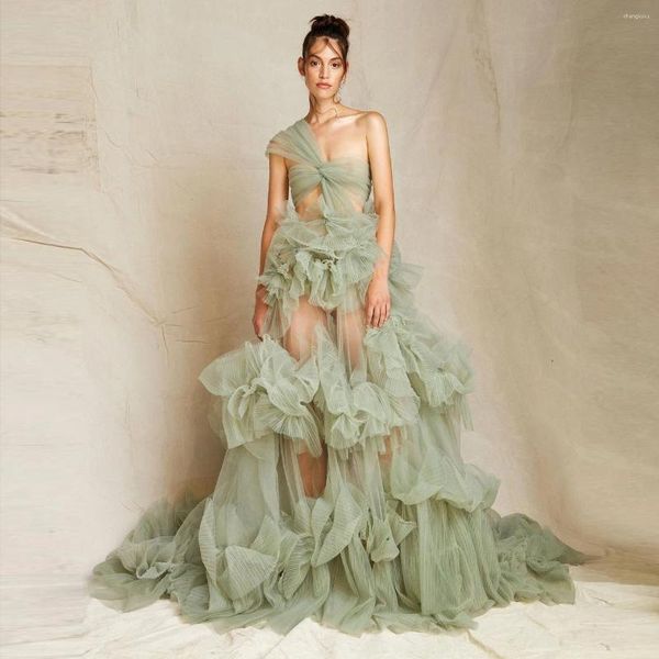 Vestidos casuais sexy ver através do exército verde babados tule robe um ombro a linha mulheres maternidade moda vestidos de baile