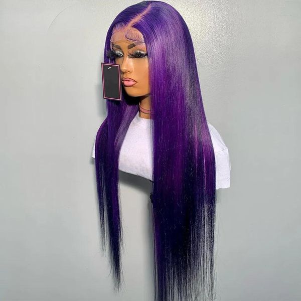 Wigs capelli peruviani viola in pizzo trasparente parrucca anteriore 250% densità colorata rossa/blu/bionda/marrone/rosa parrucche frontali prepuck synthe