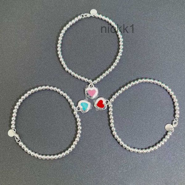 Bracciale rigido t Argento sterling 925 con colla a goccia Rivetto Cuore Bracciale con perline rotonde da 4 mm Tee Love Smalto Folla LOE7