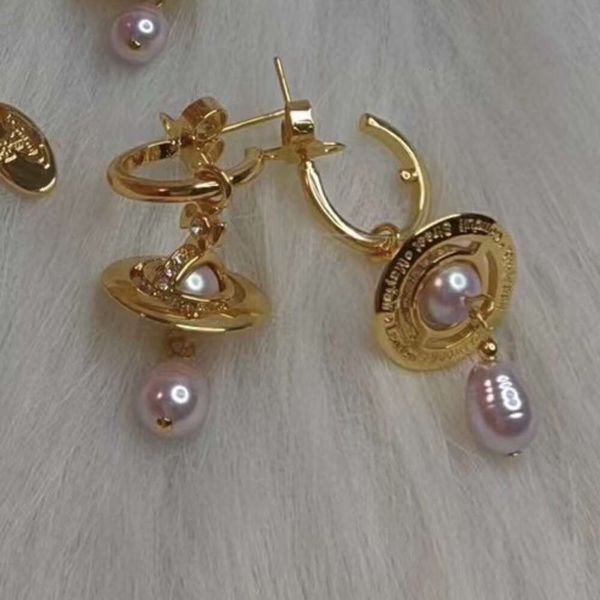 24SS Designer vive Westwoods Viviennewestwood Imperatrice vedova Saturno Orecchini di perle barocche Donna Medioevo Pianeta tridimensionale Gocce d'acqua Orecchio di perla